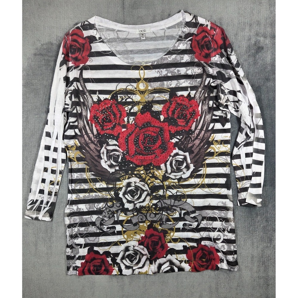 Cache Top Shirt Womens Size M Embellished Roses & Black White Stripe Print